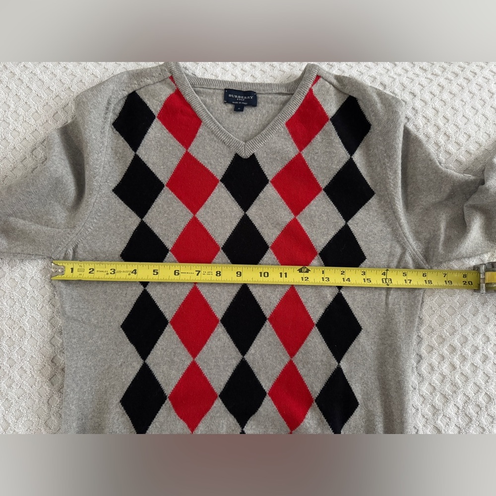 Burberry Golf Long Sleeve V-Neck Argyle Sweater Grey Red Black Merino Wool Small - Picture 15 of 16